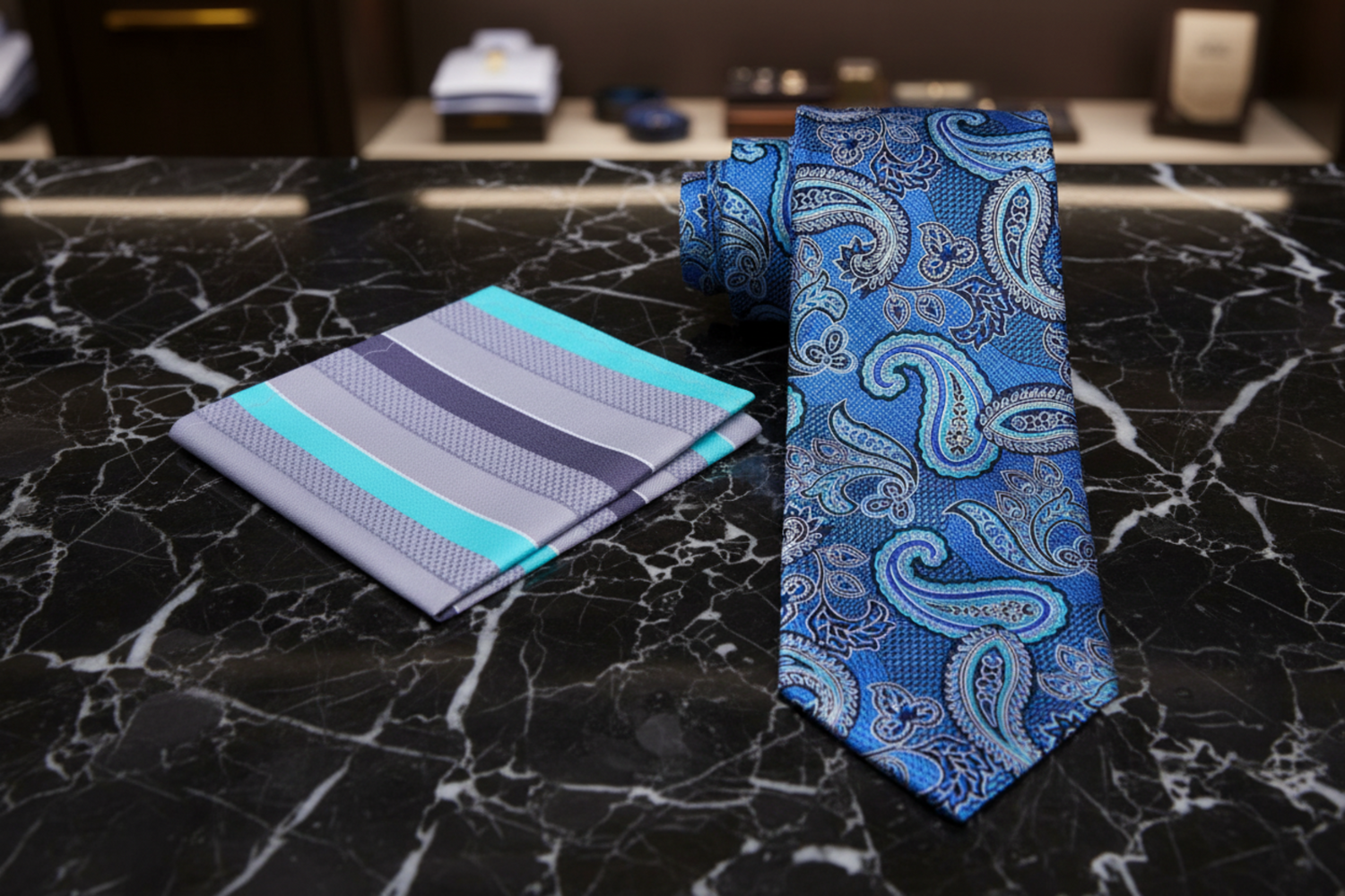 Alt View: A Teal, Purple, Black Paisley Pattern Necktie, Accenting Pocket Square