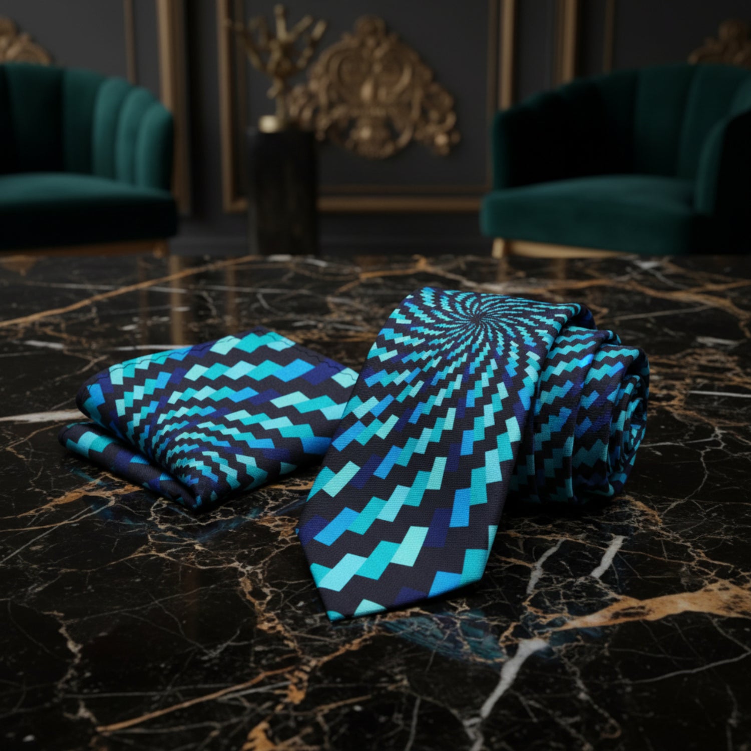 Blue and black patterned tie and pocket square set on a white background