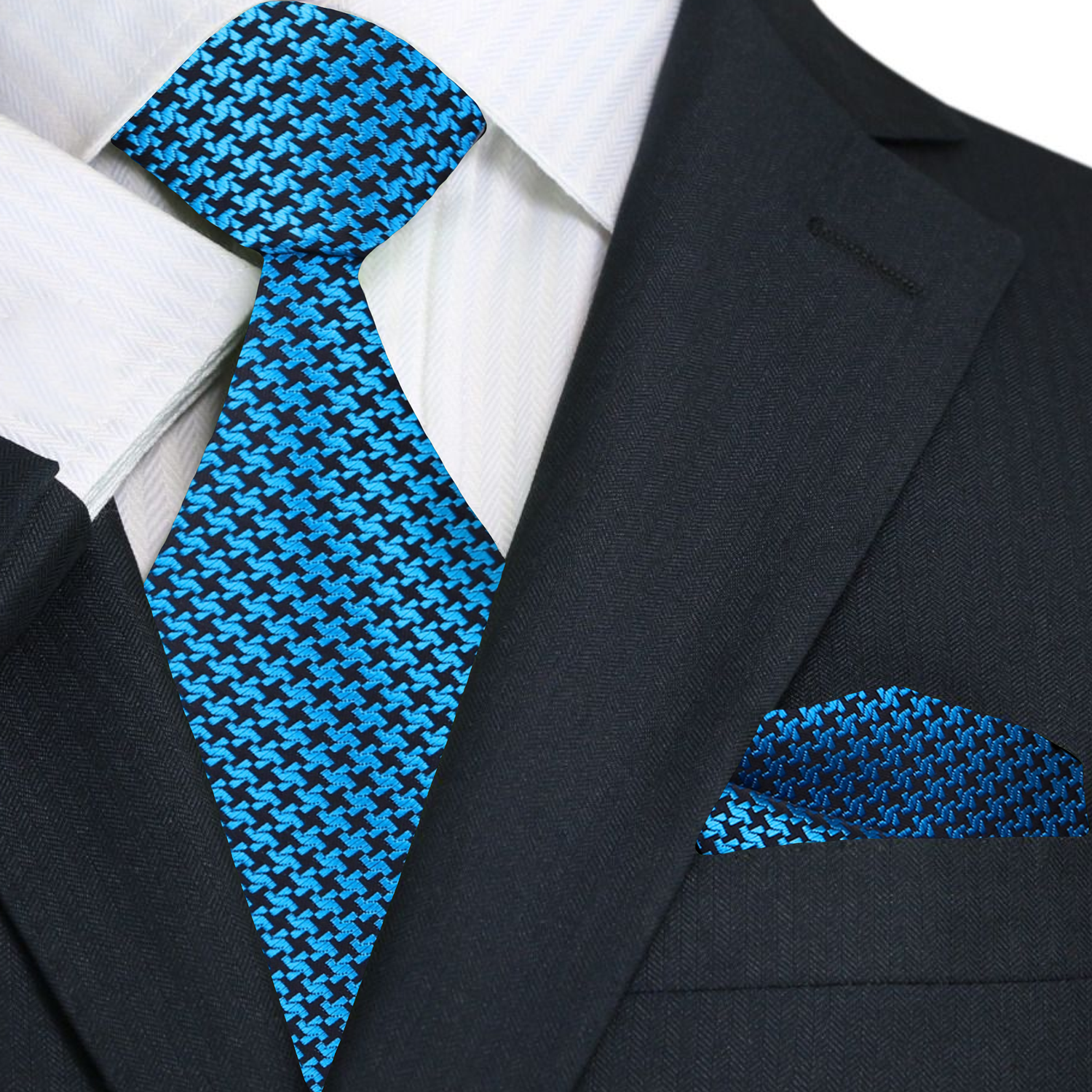 Teal, Black Hounds Tooth Tie and Square||Teal