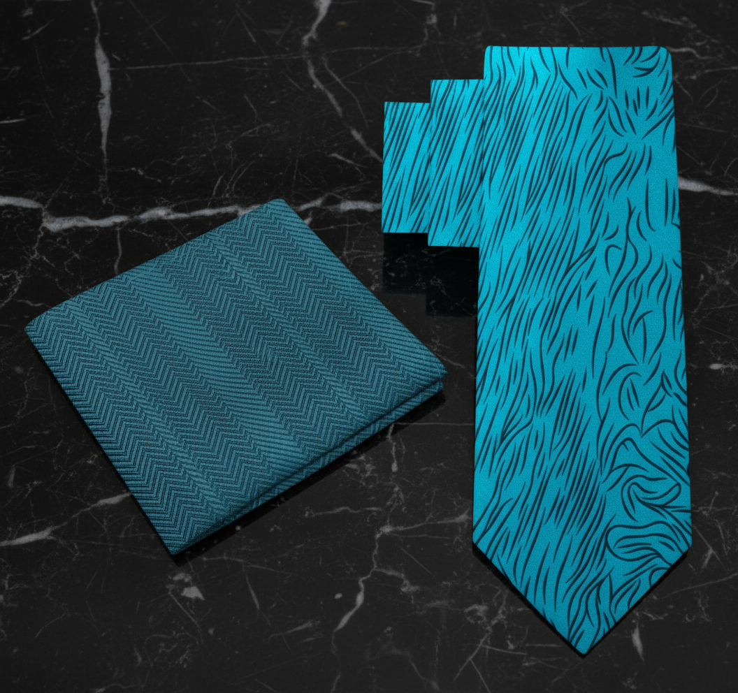 Teal patterned tie and pocket square on a black marble surface