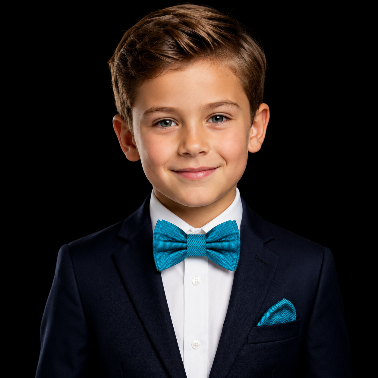 teal bow tie and square on boy wearing black suit