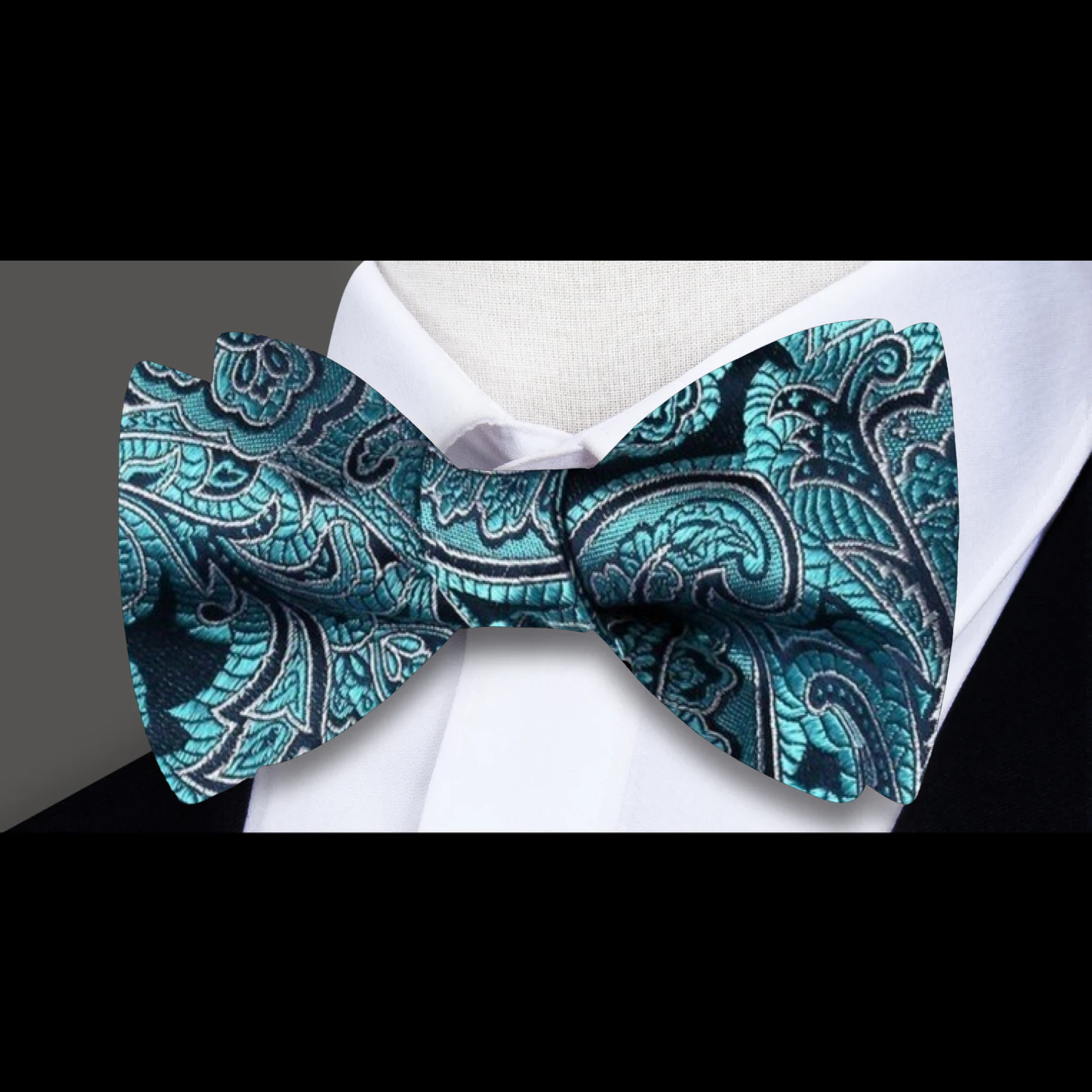 A Teal, Blue Intricate Floral and Paisley Pattern Self Tie Bow Tie