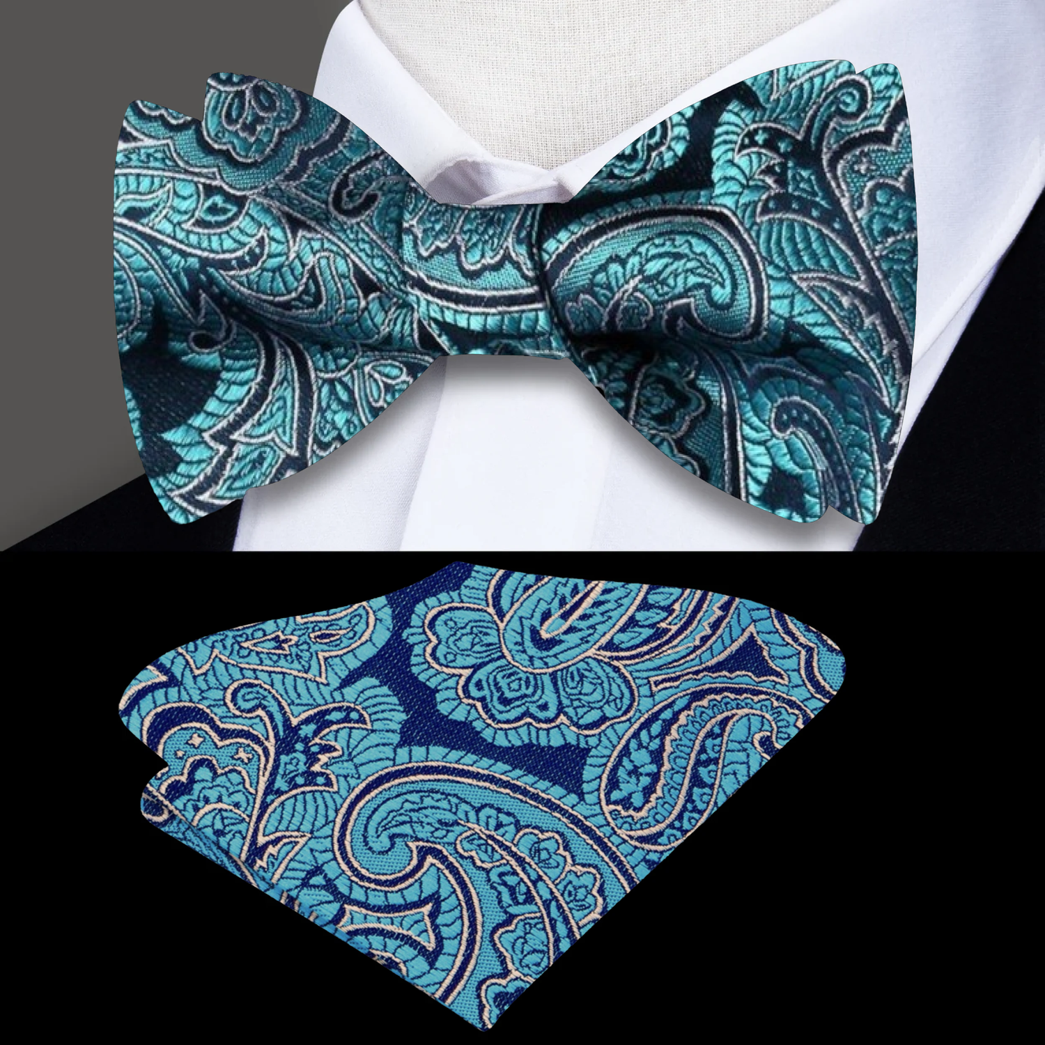 A Teal, Blue Intricate Floral and Paisley Pattern Self Tie Bow Tie, Matching Pocket Square