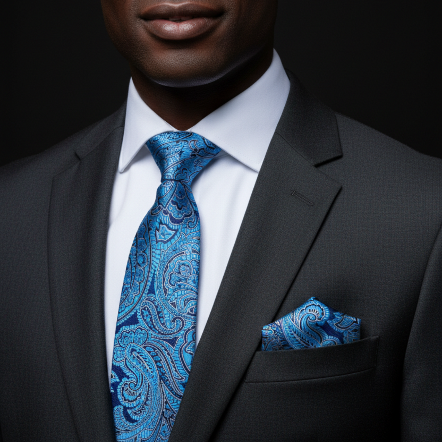 Man wearing a dark suit with a blue paisley tie and pocket square against a black background