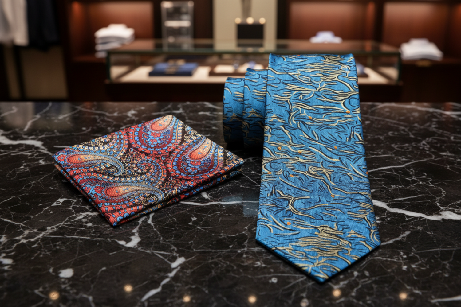 Alt view: Teal, Pale Gold and Orange Abstract Necktie with Orange, Brown and Blue Paisley Square
