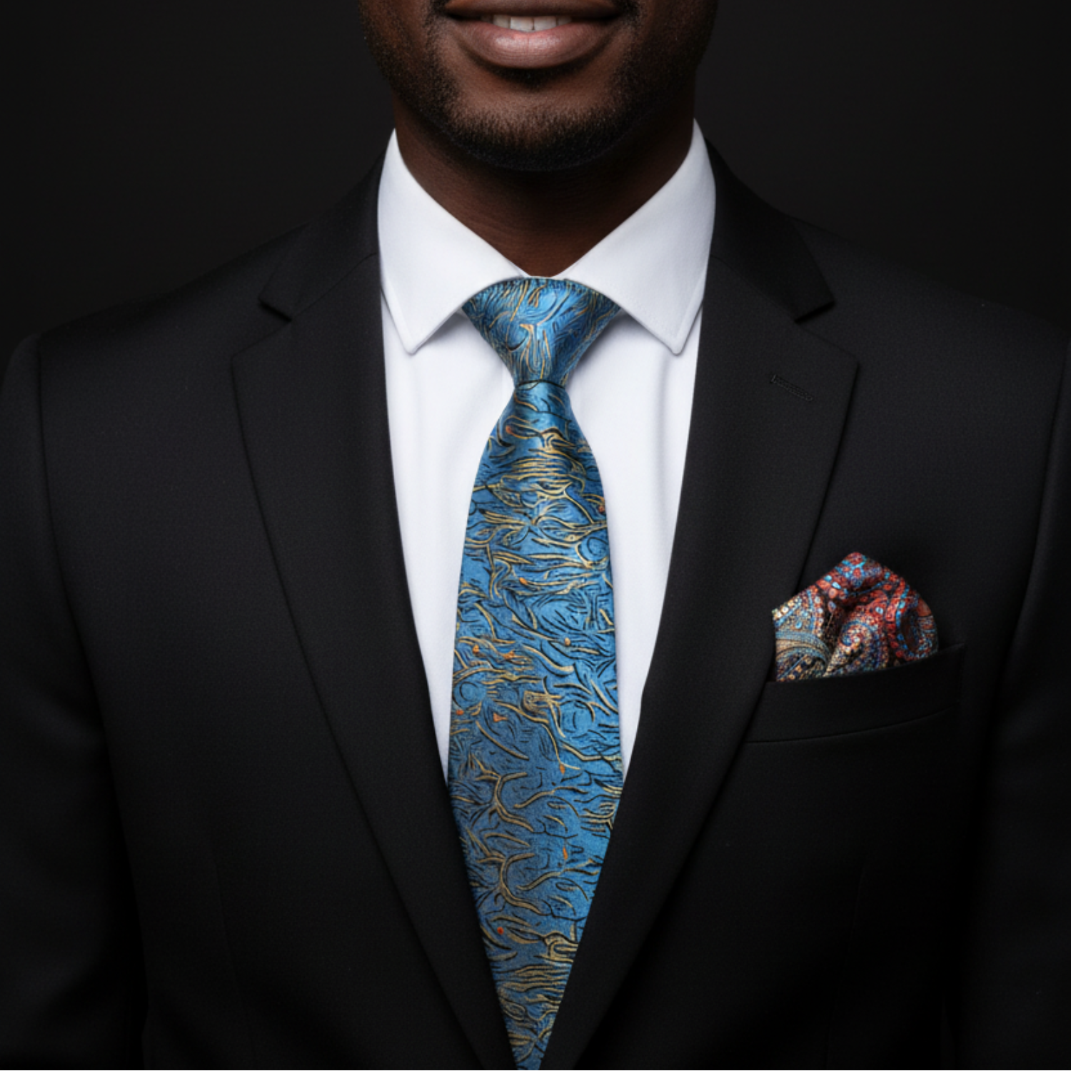Man wearing a black suit with a blue patterned tie and matching pocket square on a dark background