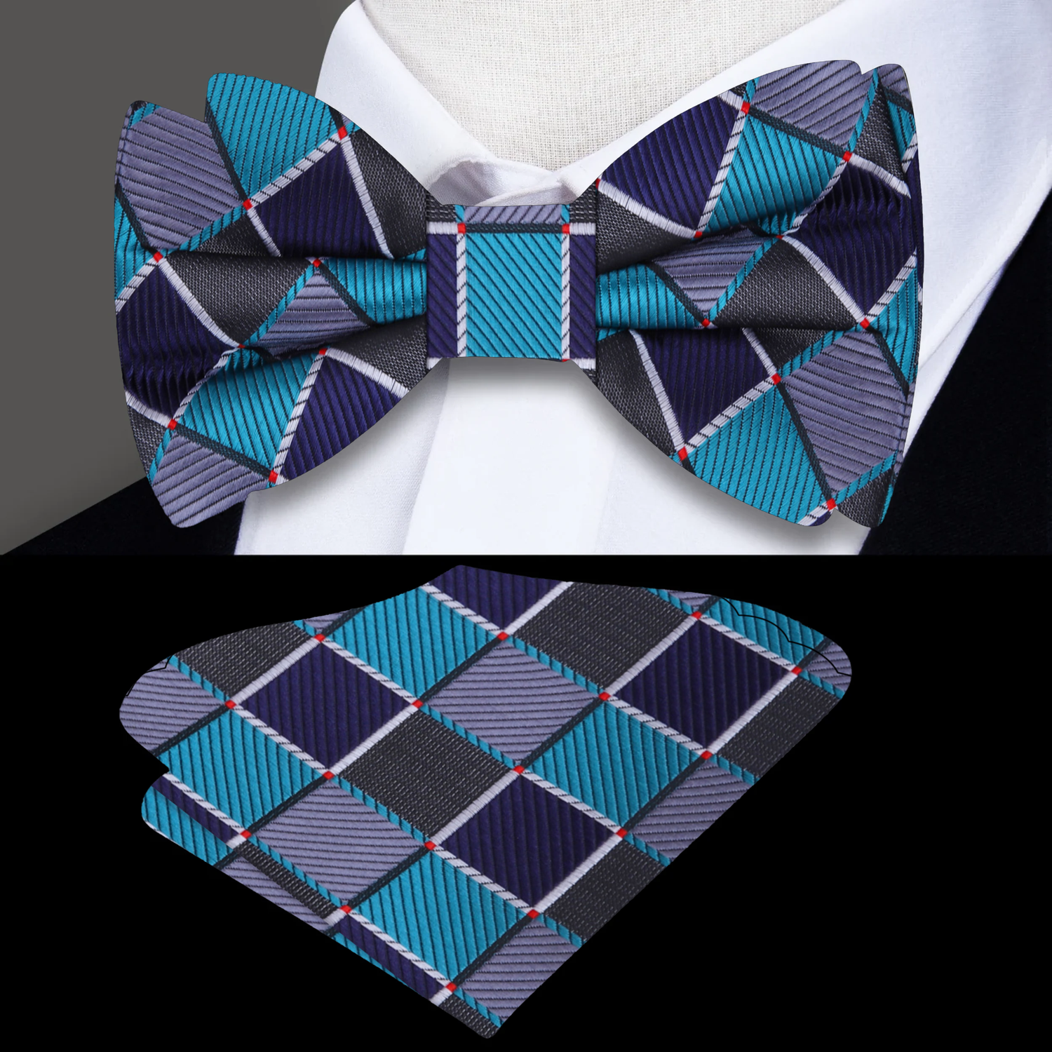 Teal, Space Blue Geometric Bow Tie and Square||Teal