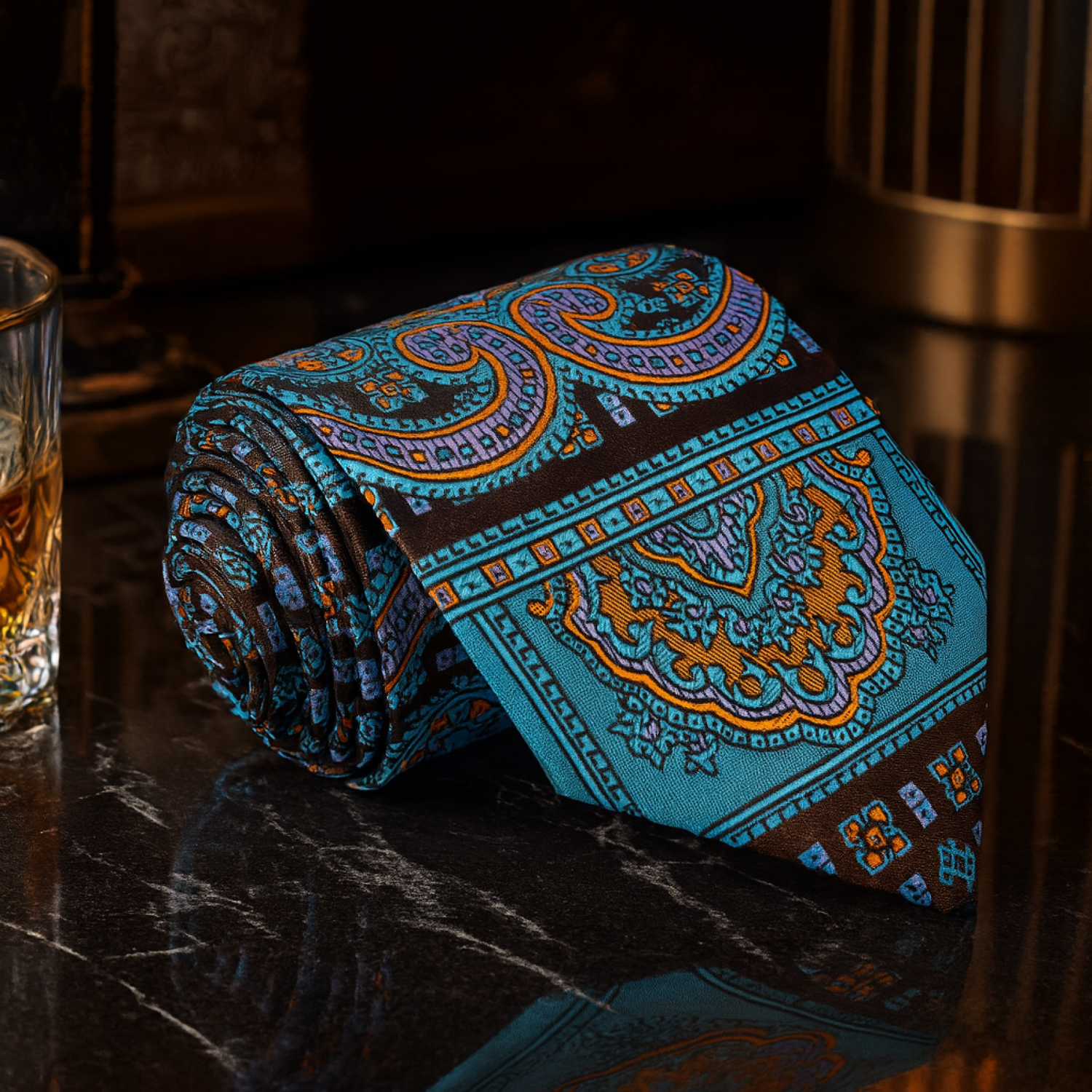 Blue patterned tie on a dark surface with a glass of whiskey in the background