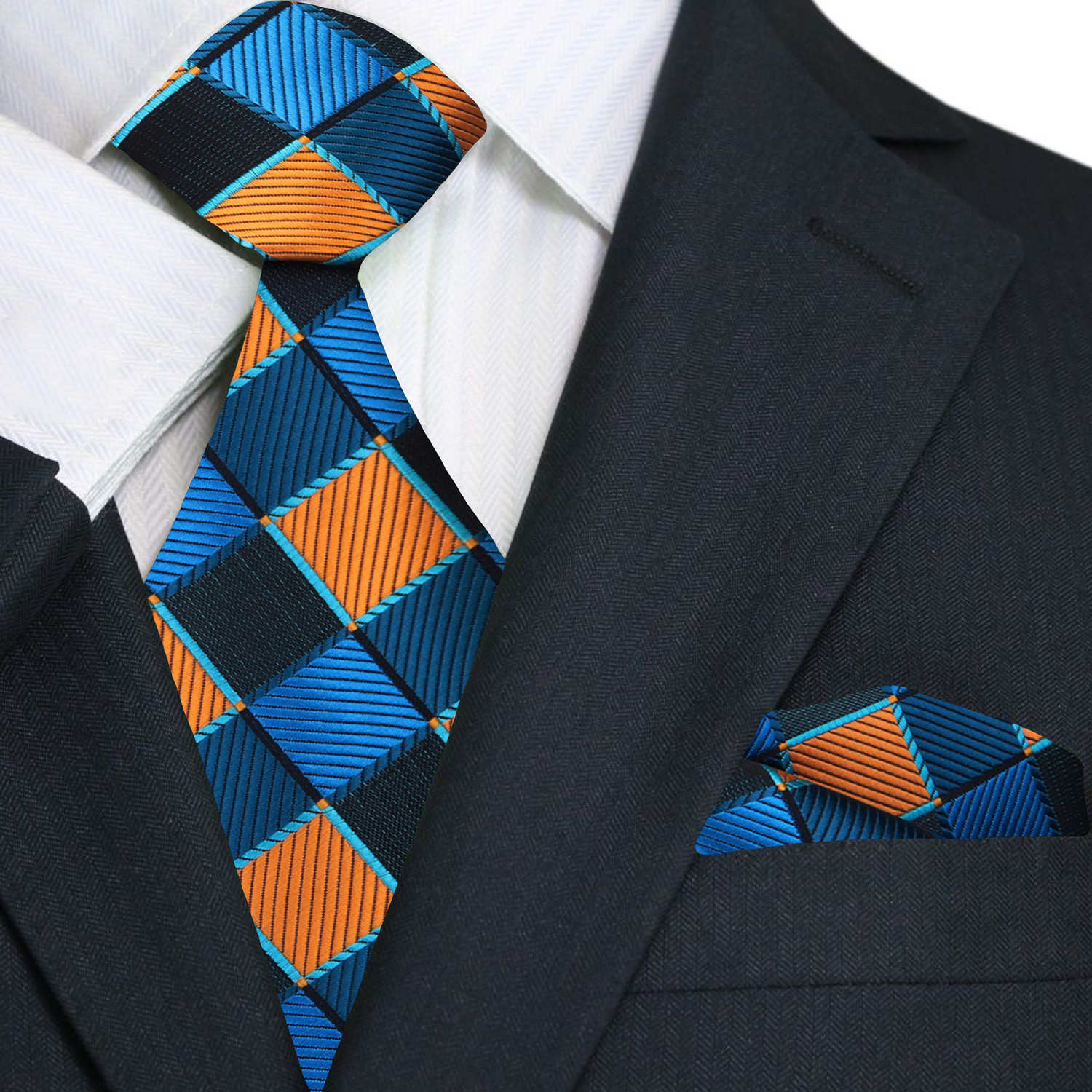 A Teal And Orange Geometric Check Pattern Necktie With Matching Pocket Square
