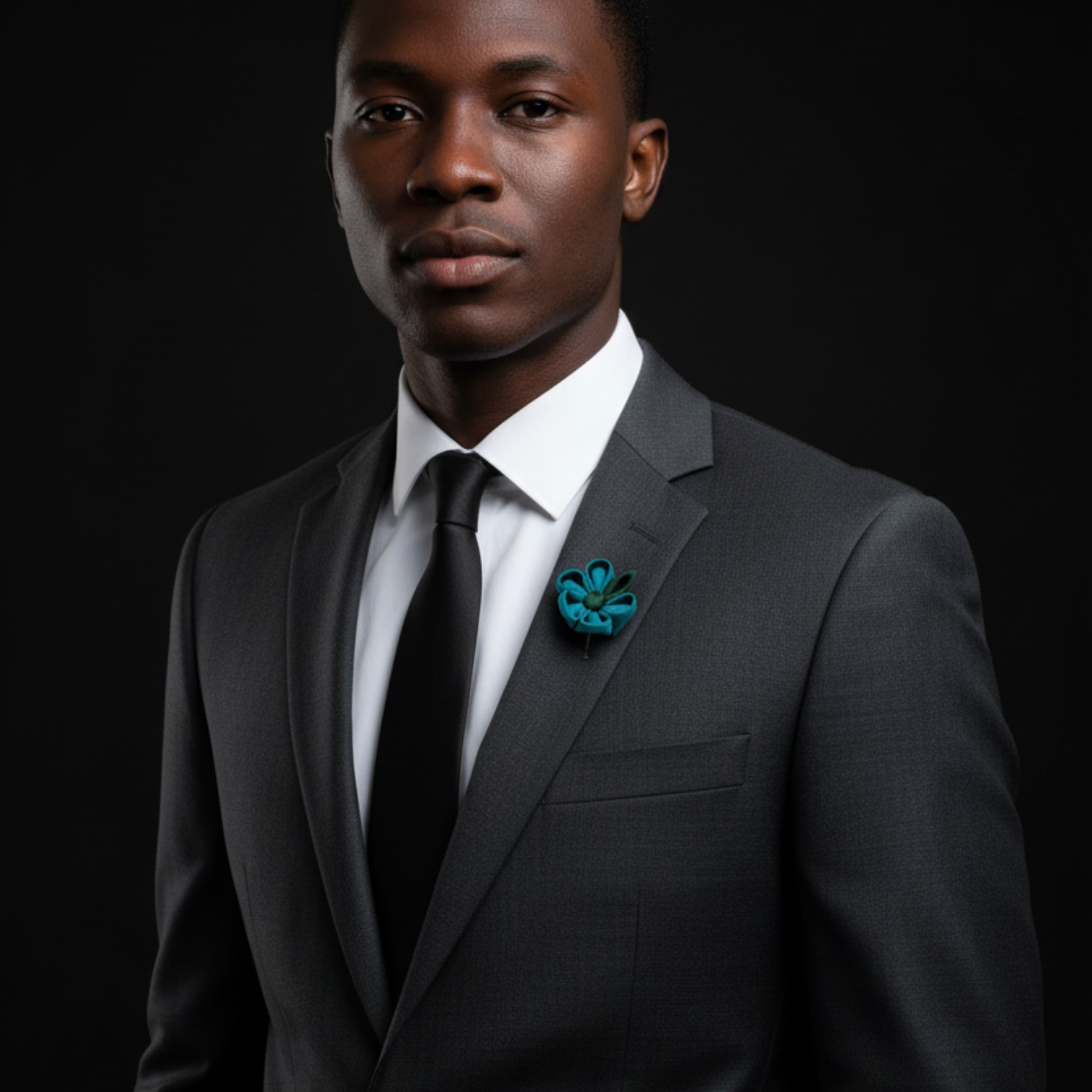 Man wearing a dark suit with a white shirt and black tie on a black background
