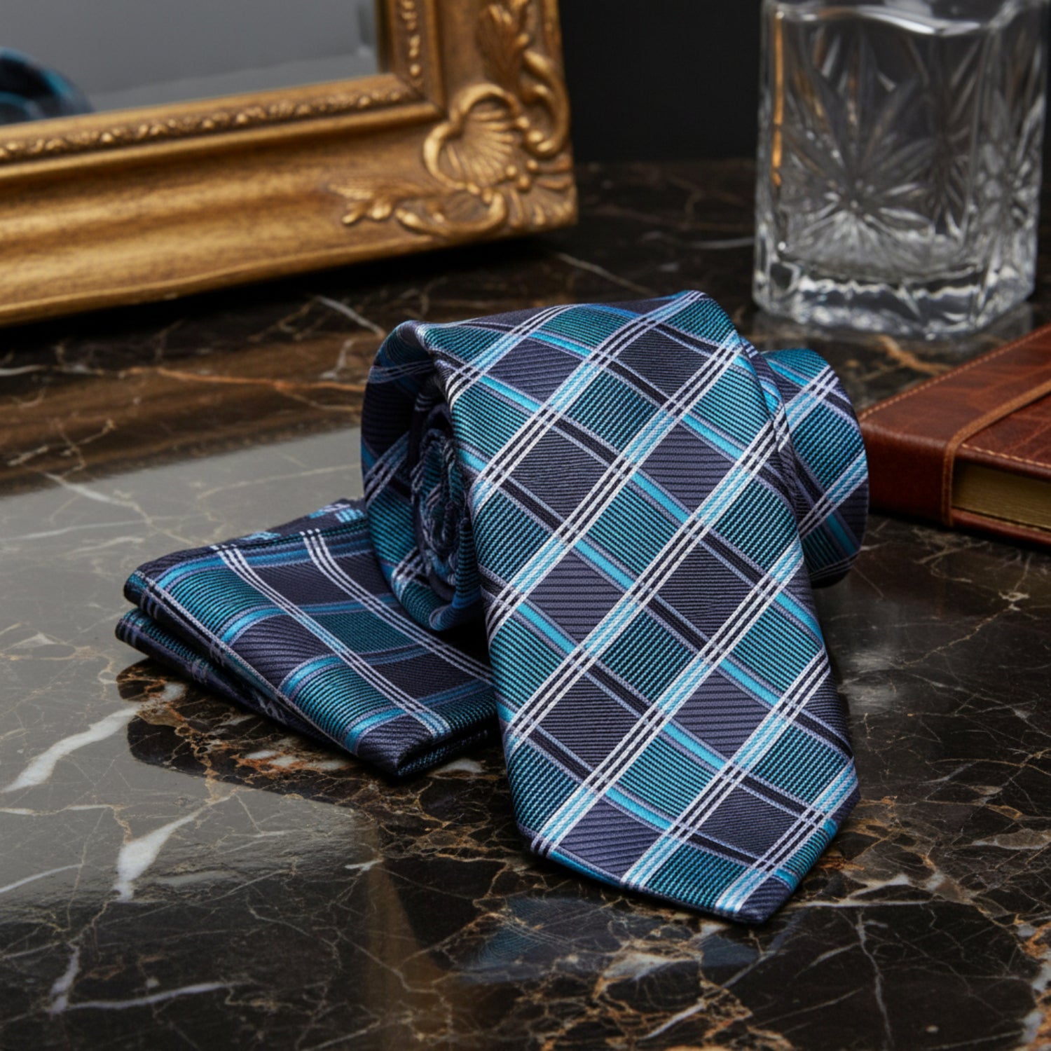 alt Grey and Teal Check Tie and Pocket Square