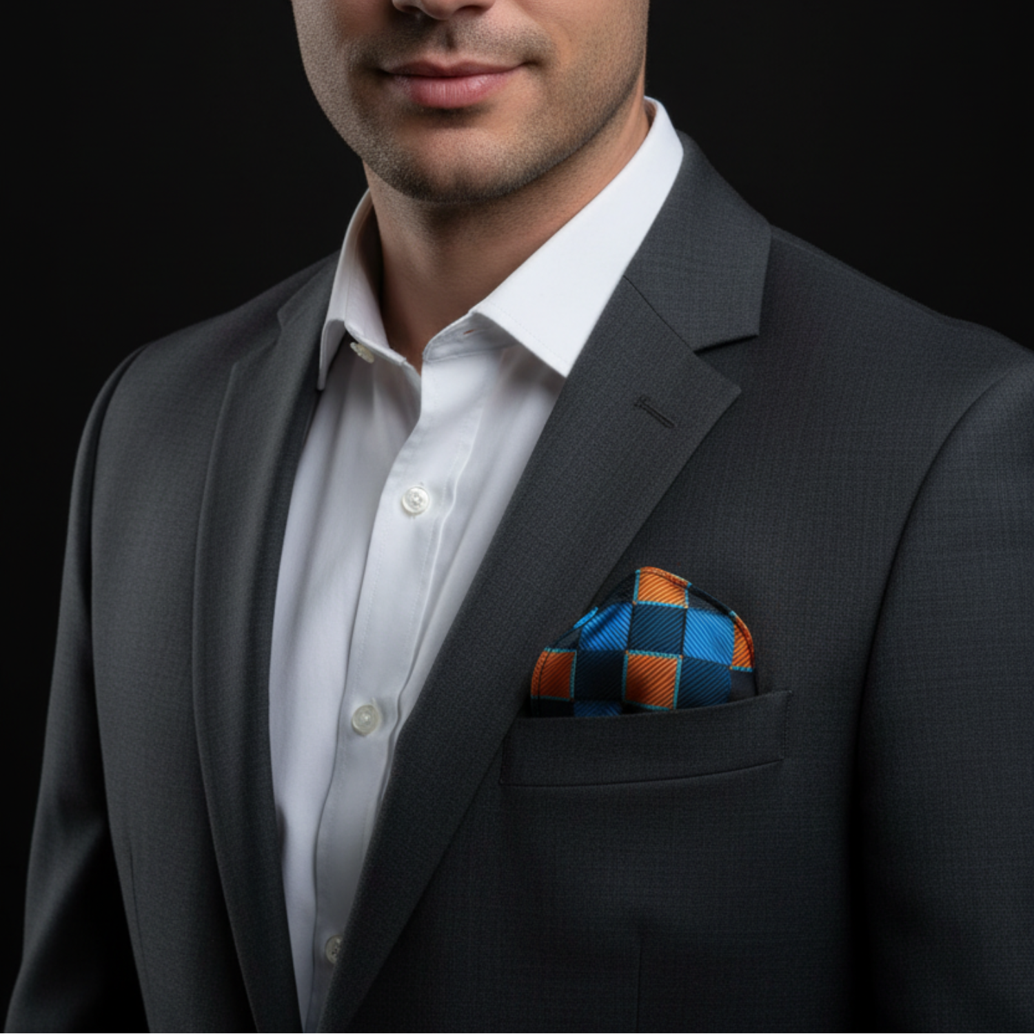 Man wearing a gray suit with a white shirt and patterned pocket square on a black background