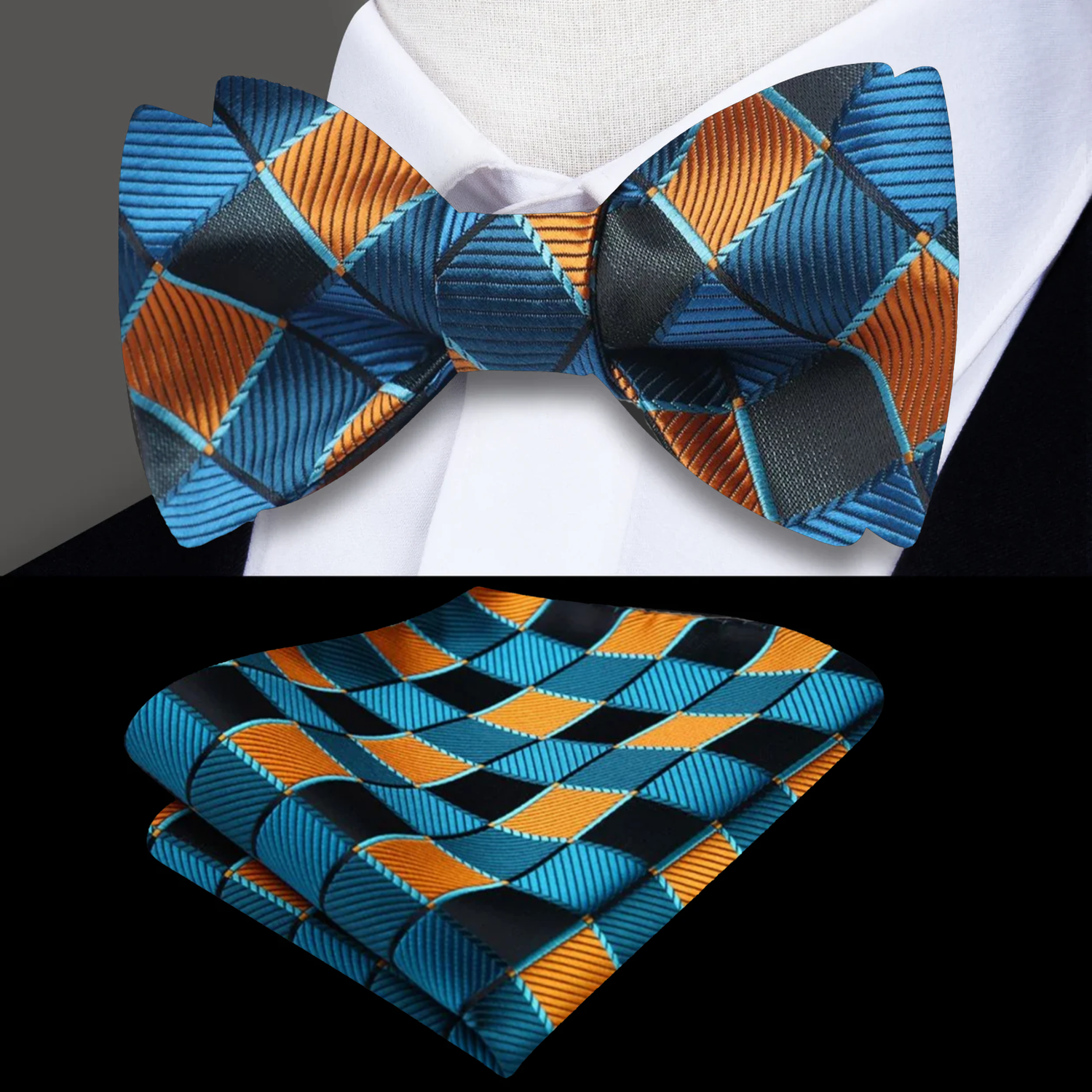 Teal Orange Charming Check Bow Tie and Square