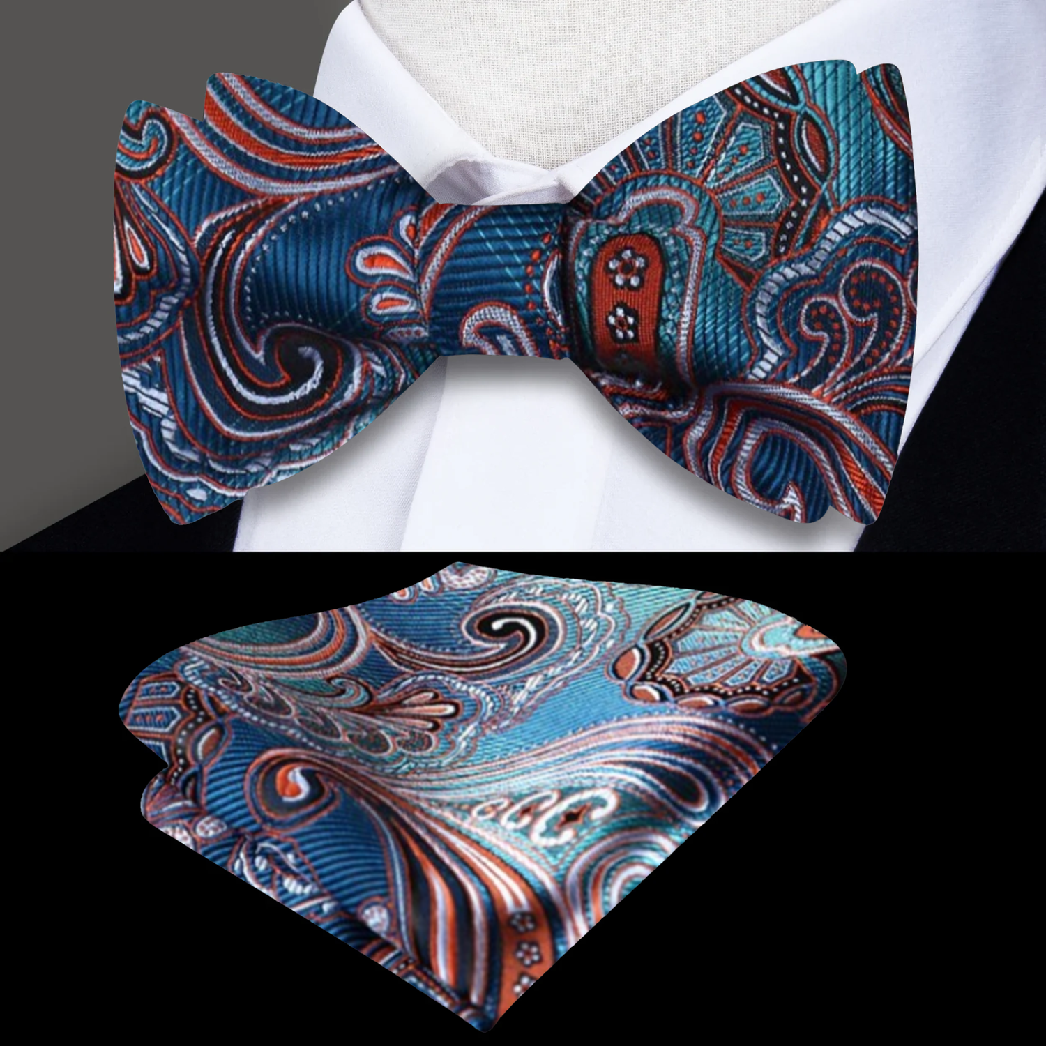 A Teal, Orange Paisley Pattern Bow Tie and Matching Silk Pocket Square