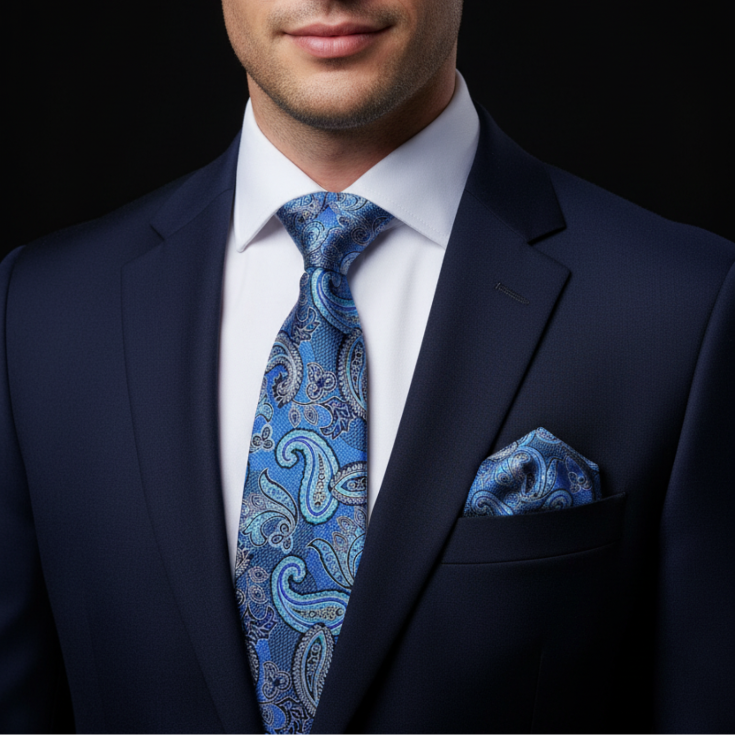 Man wearing blue paisley tie and square