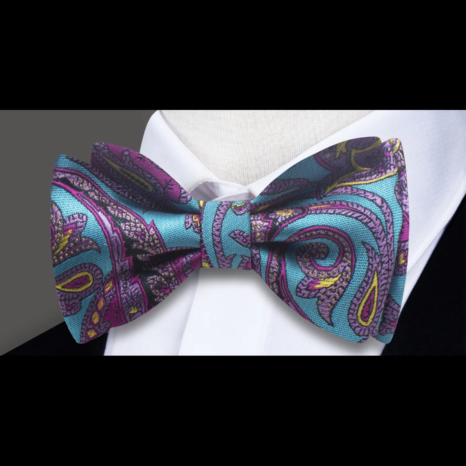 A Light Blue, Pink Detailed Paisley Pattern Self Tie Bow Tie 