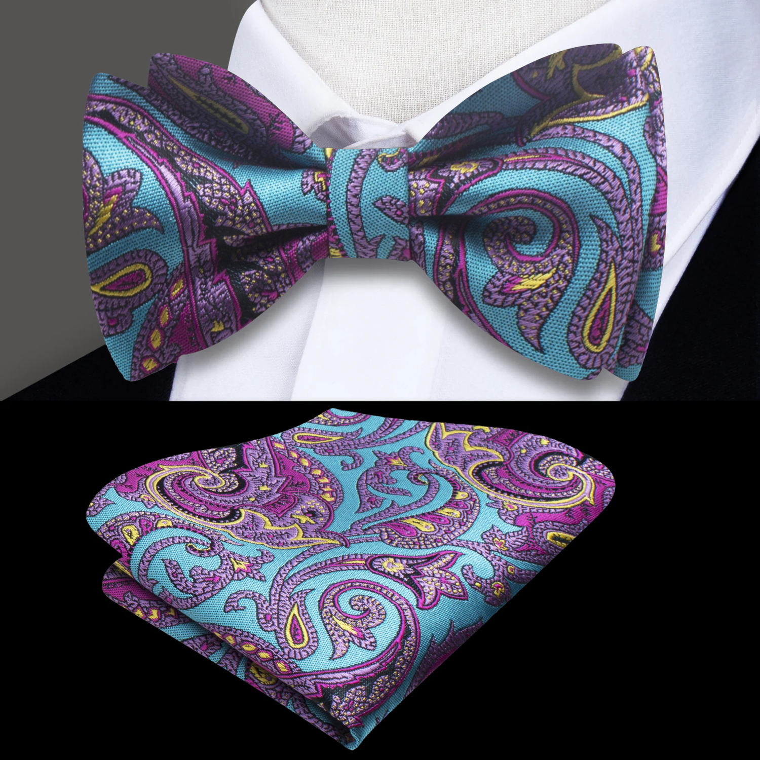 A Light Blue, Pink Detailed Paisley Pattern Self Tie Bow Tie, Matching Pocket Square