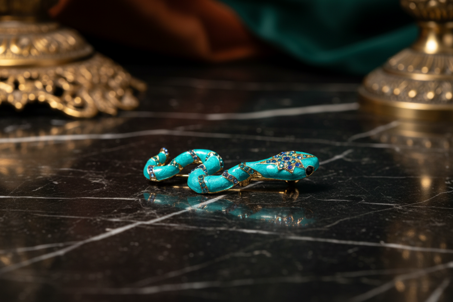 View 2: Teal Snake With Jewels Lapel Pin