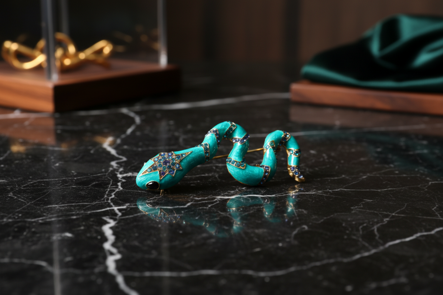 View 3: Teal Snake With Jewels Lapel Pin