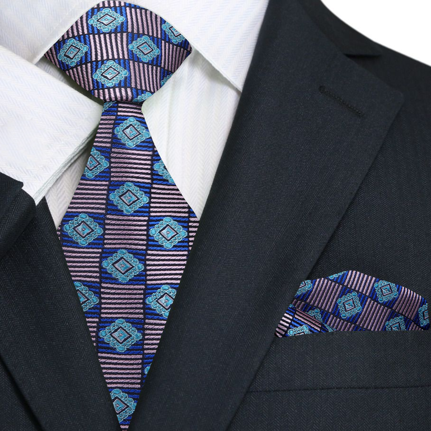 Premium A Blue, Turquoise Geometric Pattern Necktie, Matching Pocket Square