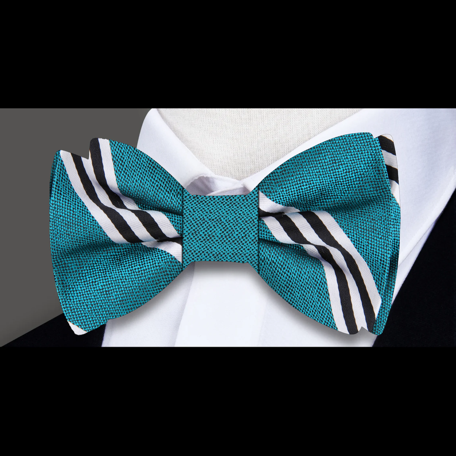 Teal White Black Stripe Bow Tie 