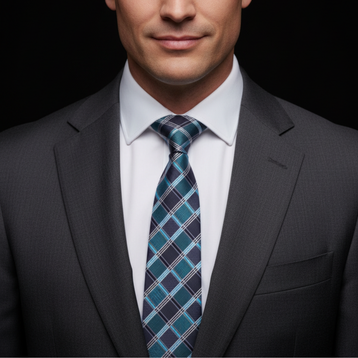 Grey and teal check tie on man