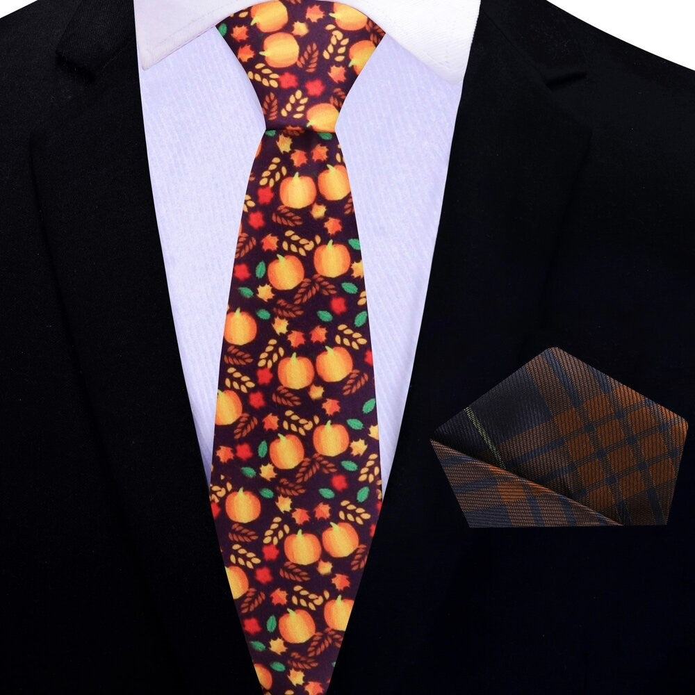 Thin Orange, Brown, Green, Red Fall Leaves And Pumpkins Tie And Pocket Square
