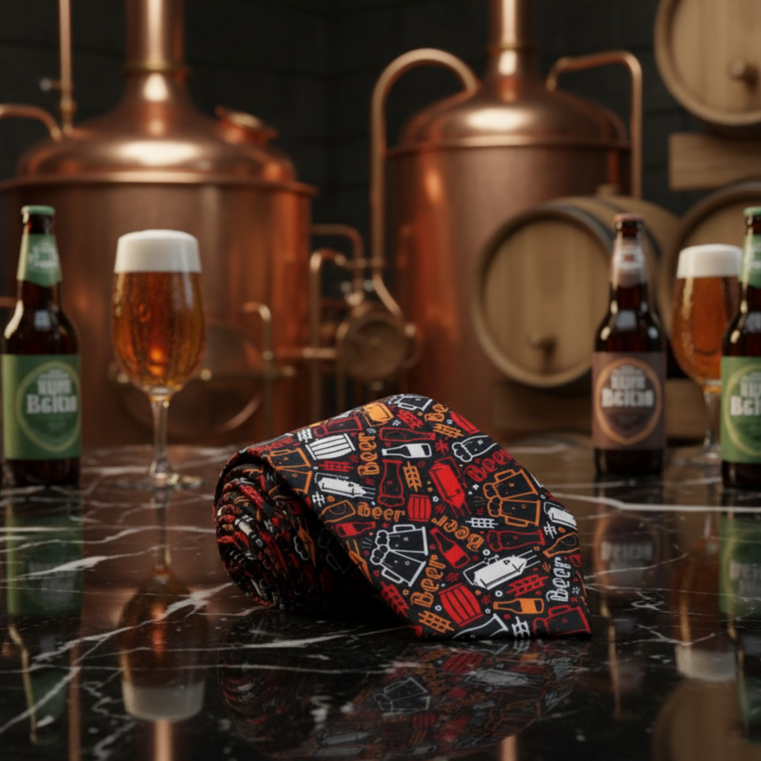 Beer-themed tie on a reflective surface with beer bottles and glasses in the background
