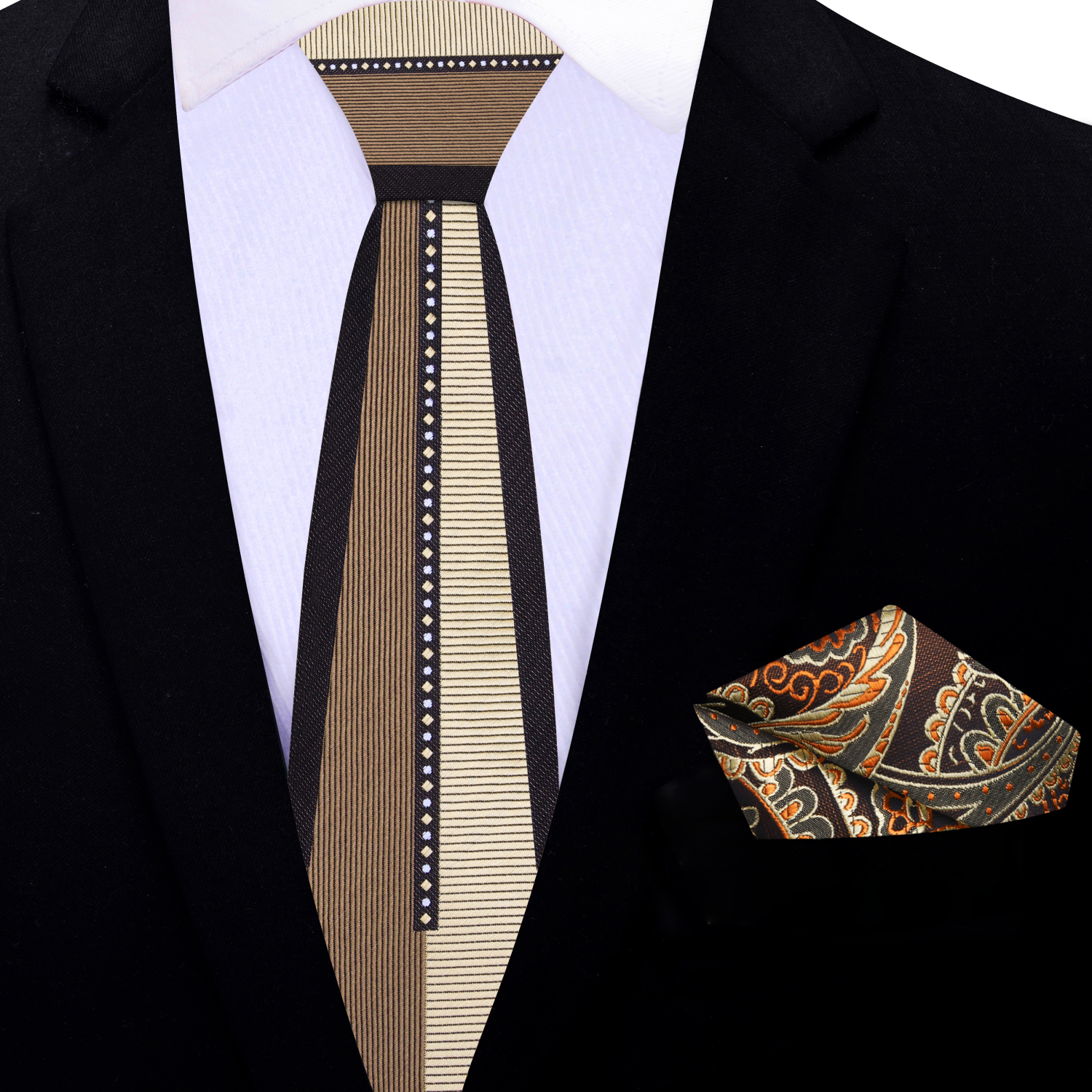 Thin Brown, Black Lined Necktie and accenting Brown Paisley Square