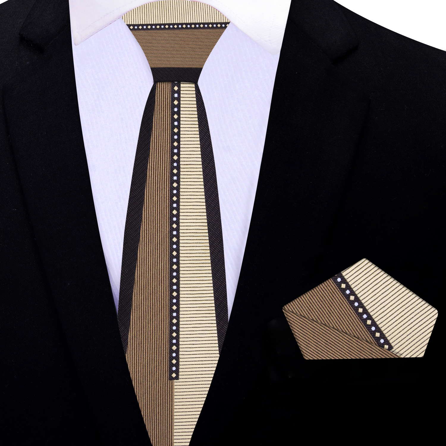 Thin Brown, Black Lined Necktie and Matching Square