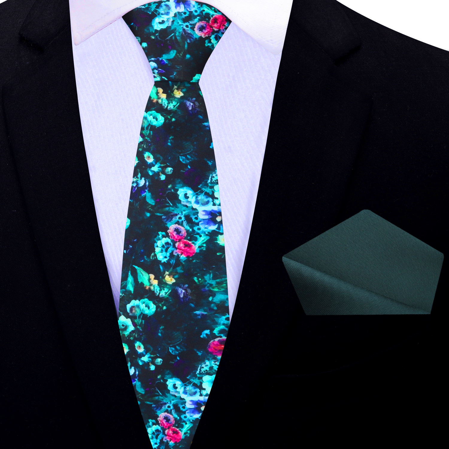 Thin Thin Deep Sacramento Green Light Blue Floral Oil Painting Necktie and Green Square 2