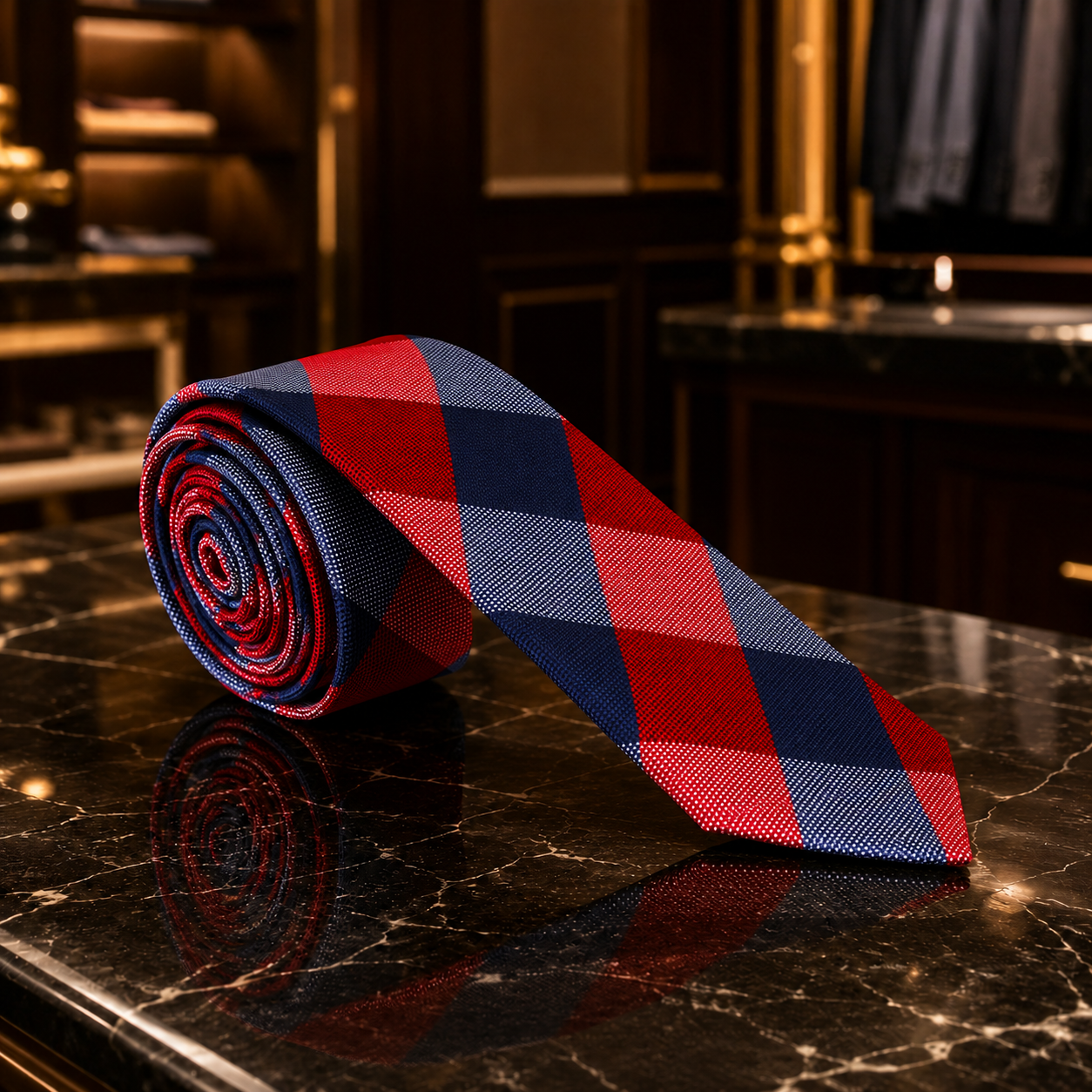 A rolled necktie with a red and navy blue diagonal check pattern, displayed on a polished black marble countertop in a luxury interior setting.