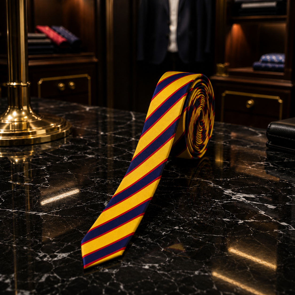 A rolled necktie with diagonal yellow, navy, and red stripes rests on a polished black marble surface in a luxury interior setting.