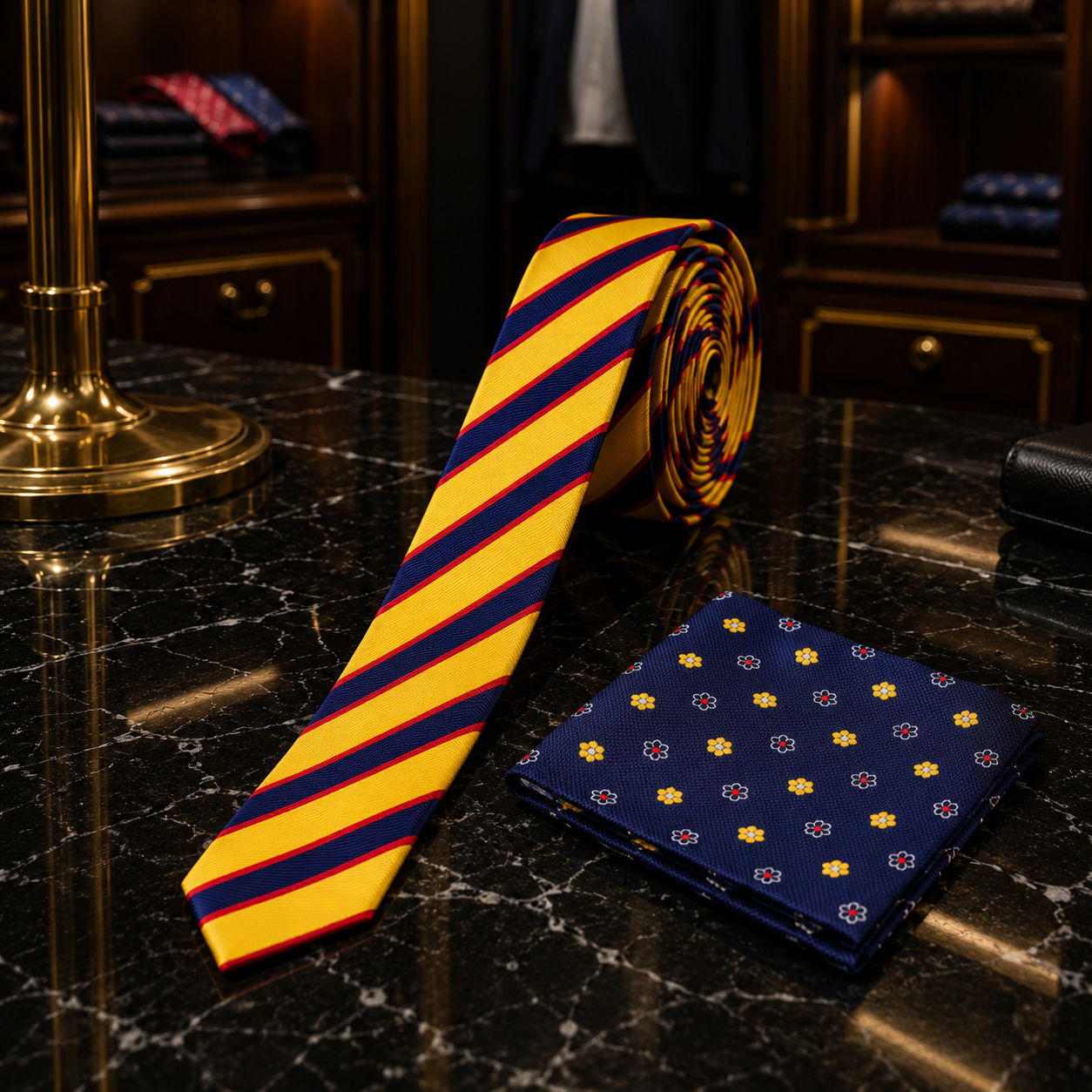 A yellow and navy striped necktie with thin red stripes, displayed next to a navy blue pocket square with yellow and red floral motifs on a black marble surface.