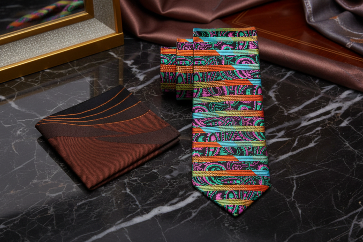 Alt Premium Necktie and Accenting Square with a Orange, Green, Blue, Yellow, Pink, Brown Stripe, Abstract, Paisley Pattern