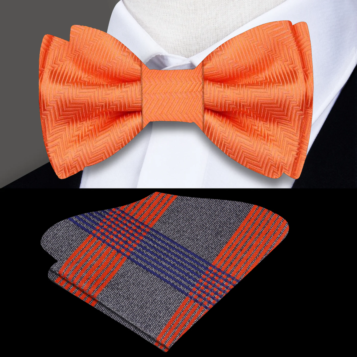 A Tiger Orange With Lined Texture Pattern Self Tie Bow Tie, Grey Orange Blue Plaid Pocket Square