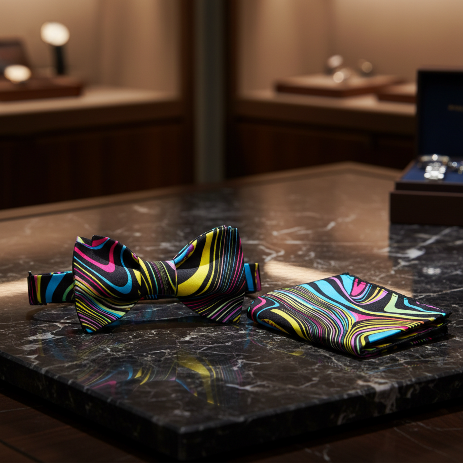 Main View: A Yellow, Pink, Blue, Black Abstract Swirl Pattern Self Tie Bow Tie, Matching Pocket Square