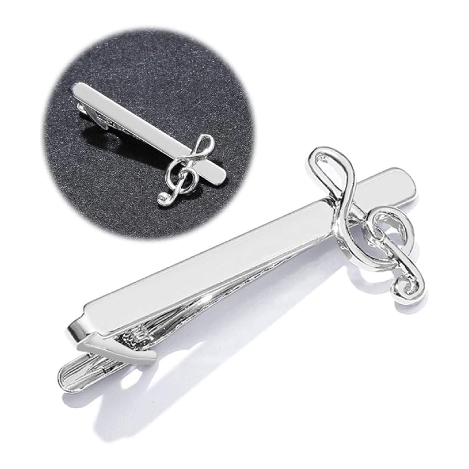 2 views of treble clef tie clip