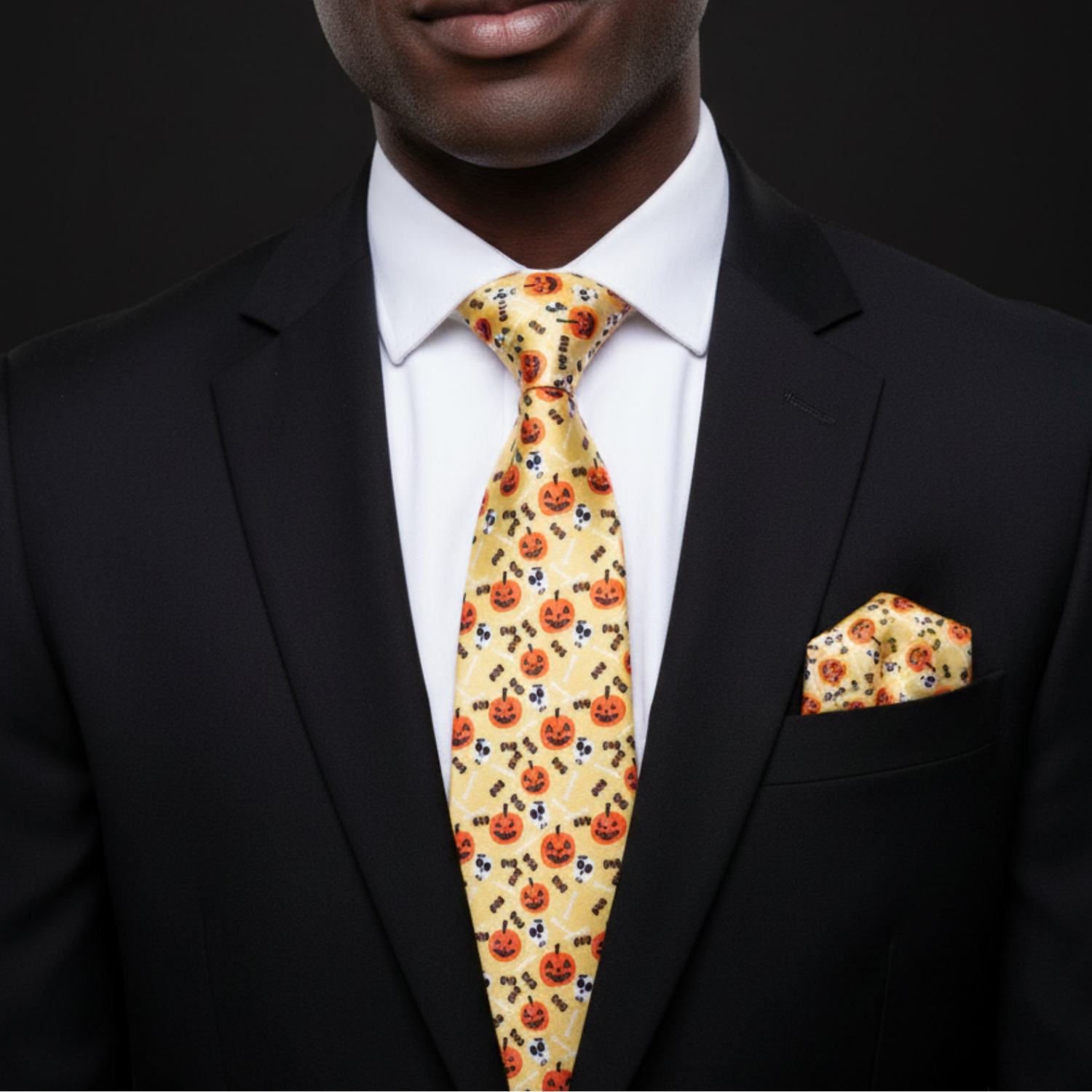 Man wearing a black suit with a white shirt, yellow tie featuring pumpkins, and matching pocket square on a dark background.