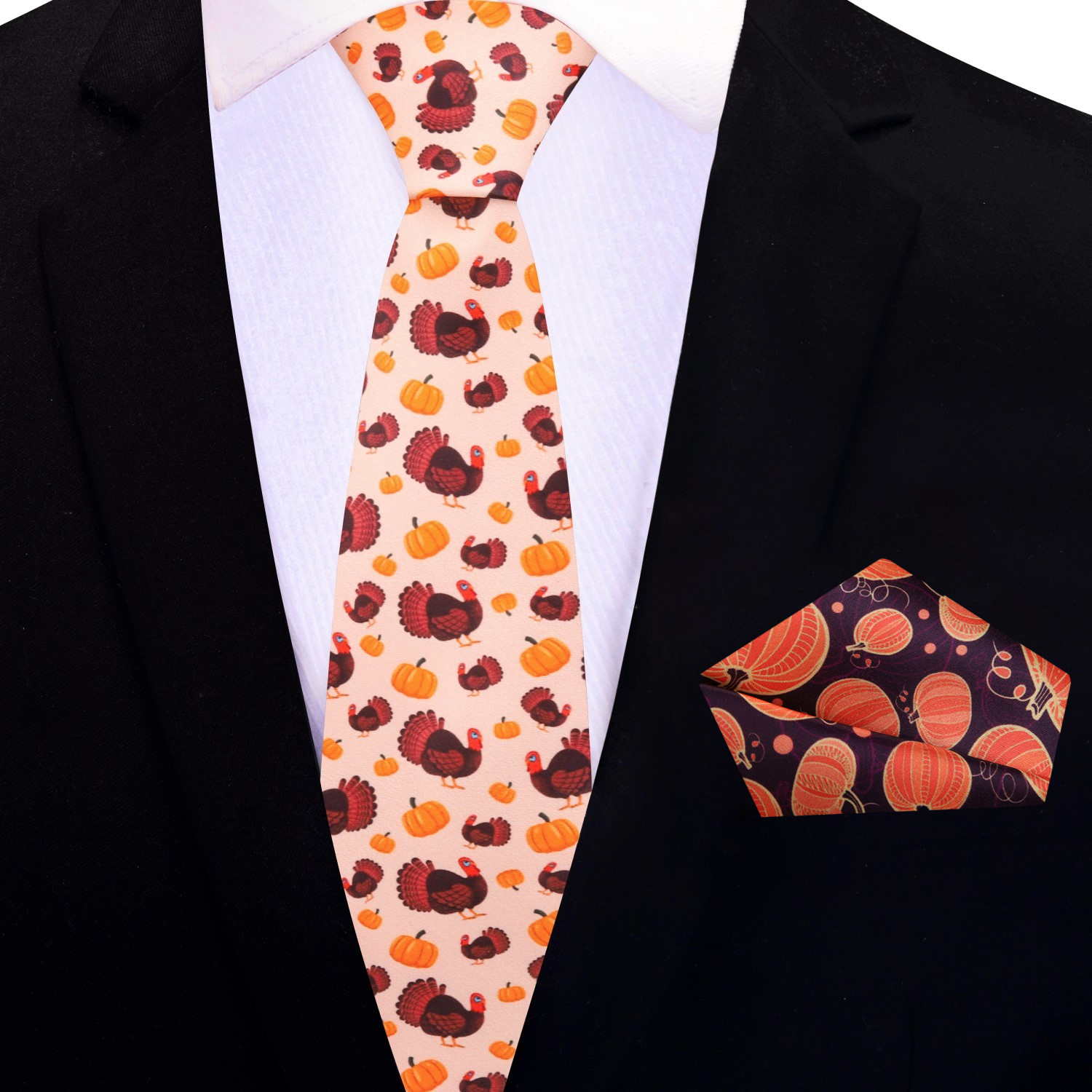 Thin Orange Pumpkins and Turkeys Tie and Square