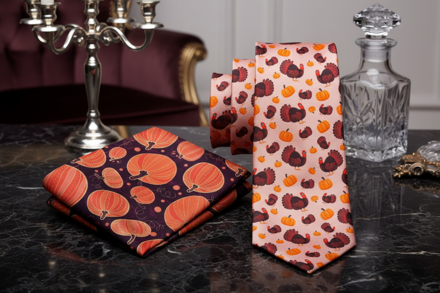 Set of neckties with pumpkin and turkey patterns on a white background