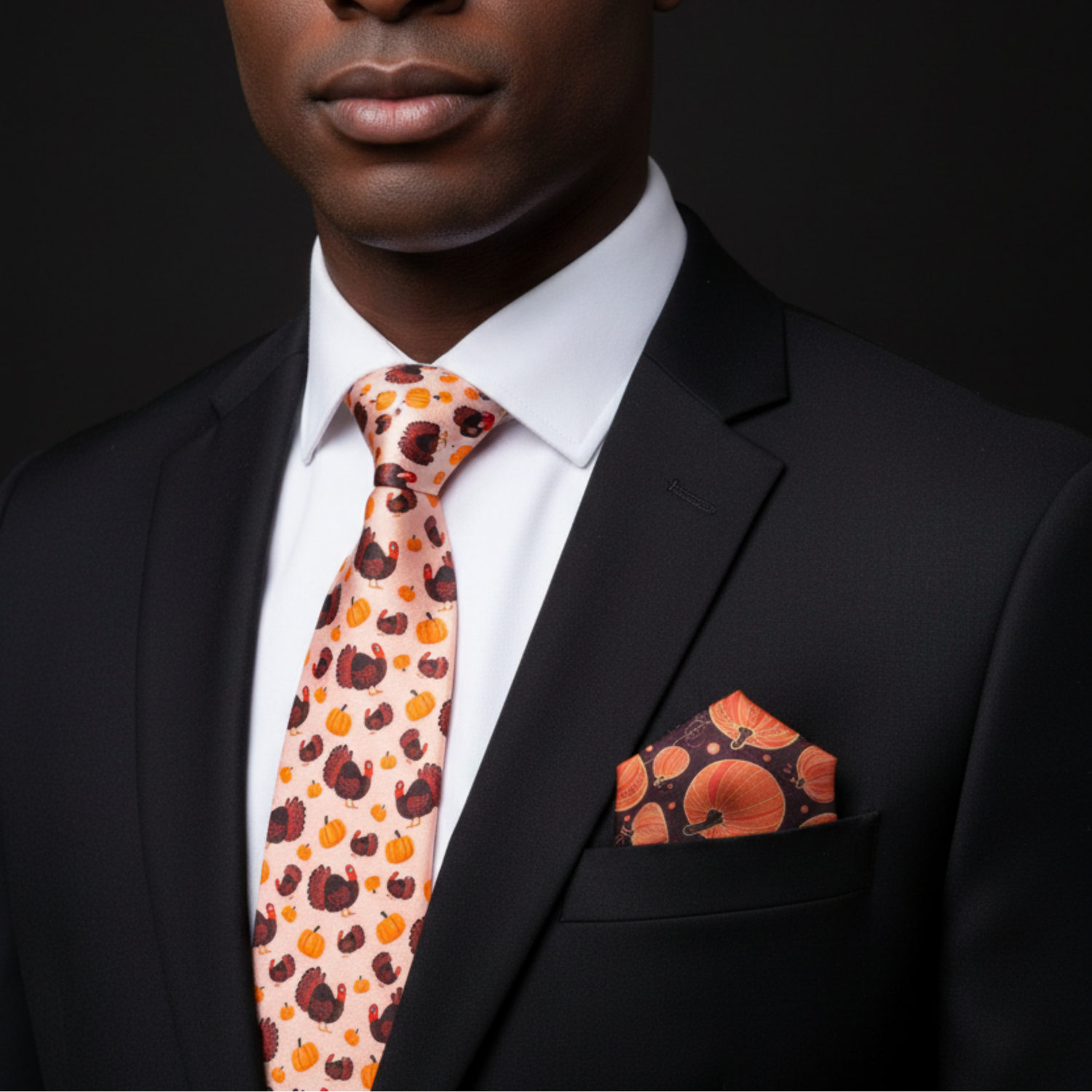 Man wearing a black suit with a patterned tie and pocket square on a dark background