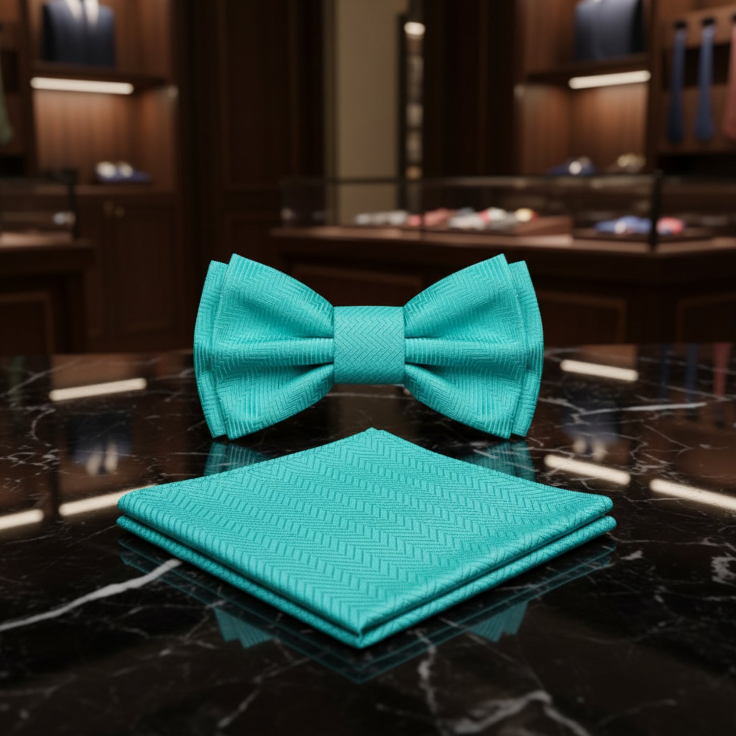 Turquoise bow tie and matching pocket square on a dark marble surface with a decorative wall in the background.
