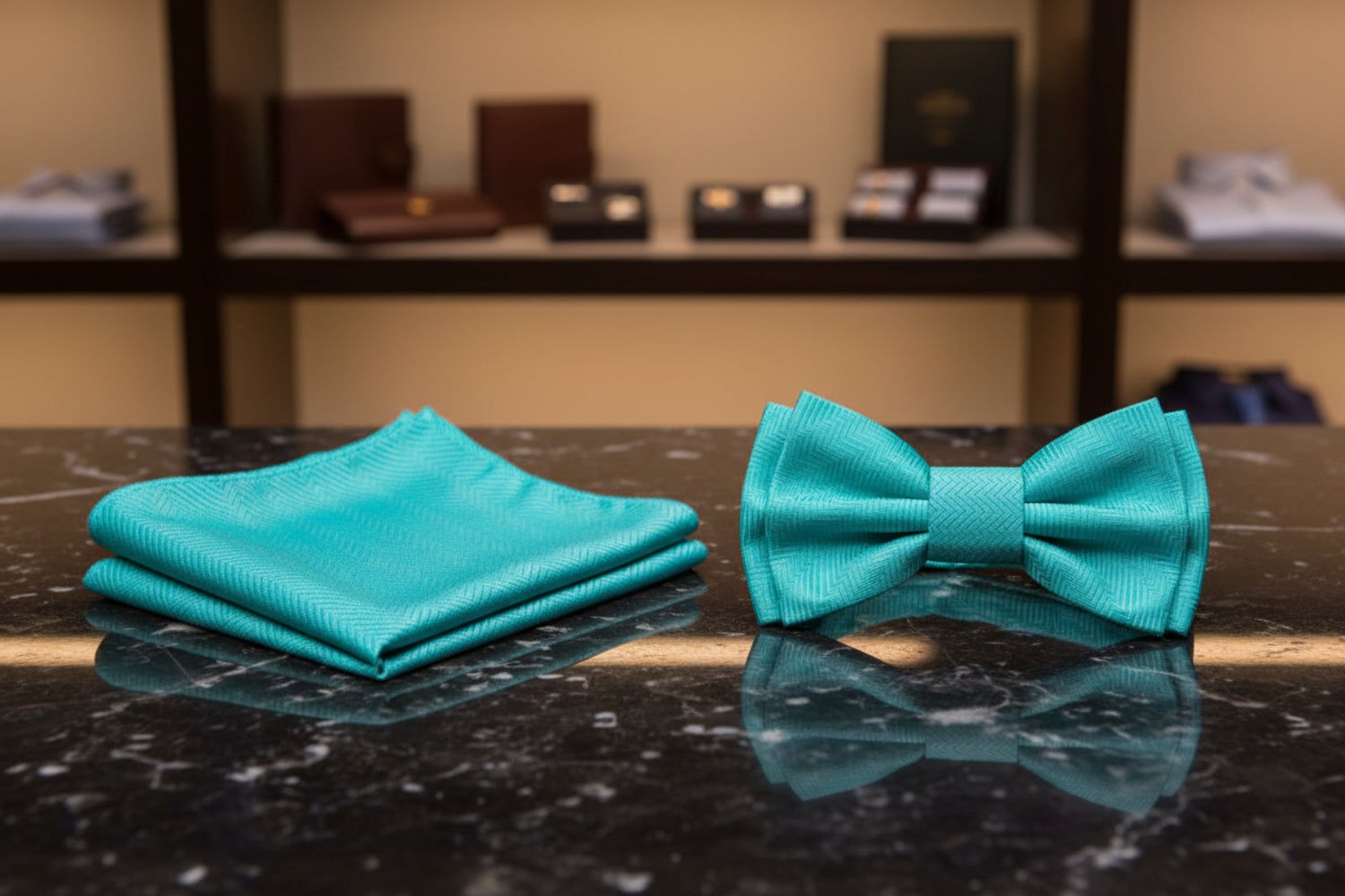 Turquoise bow tie and matching pocket square on a white background