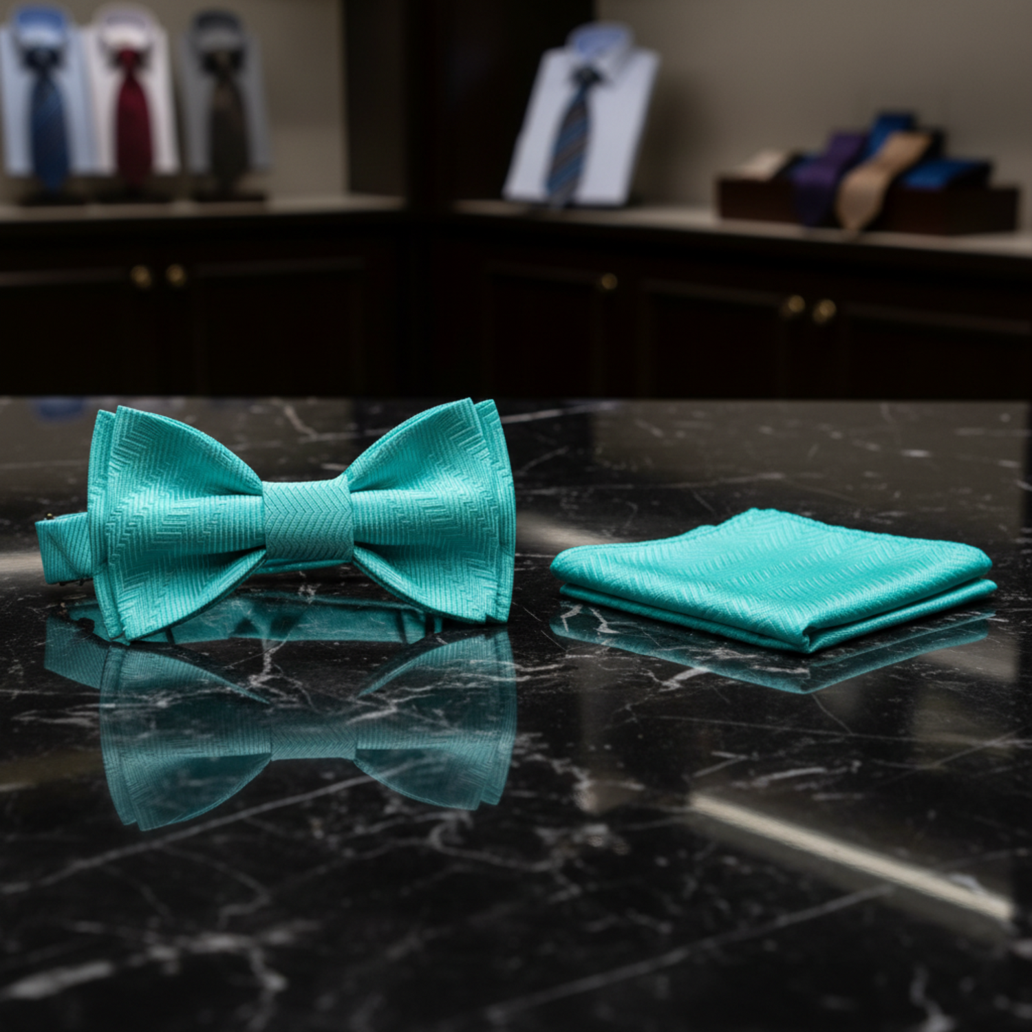 Main: A Solid Turquoise Pattern Self Tie Bow Tie, Matching Pocket Square||Turquoise