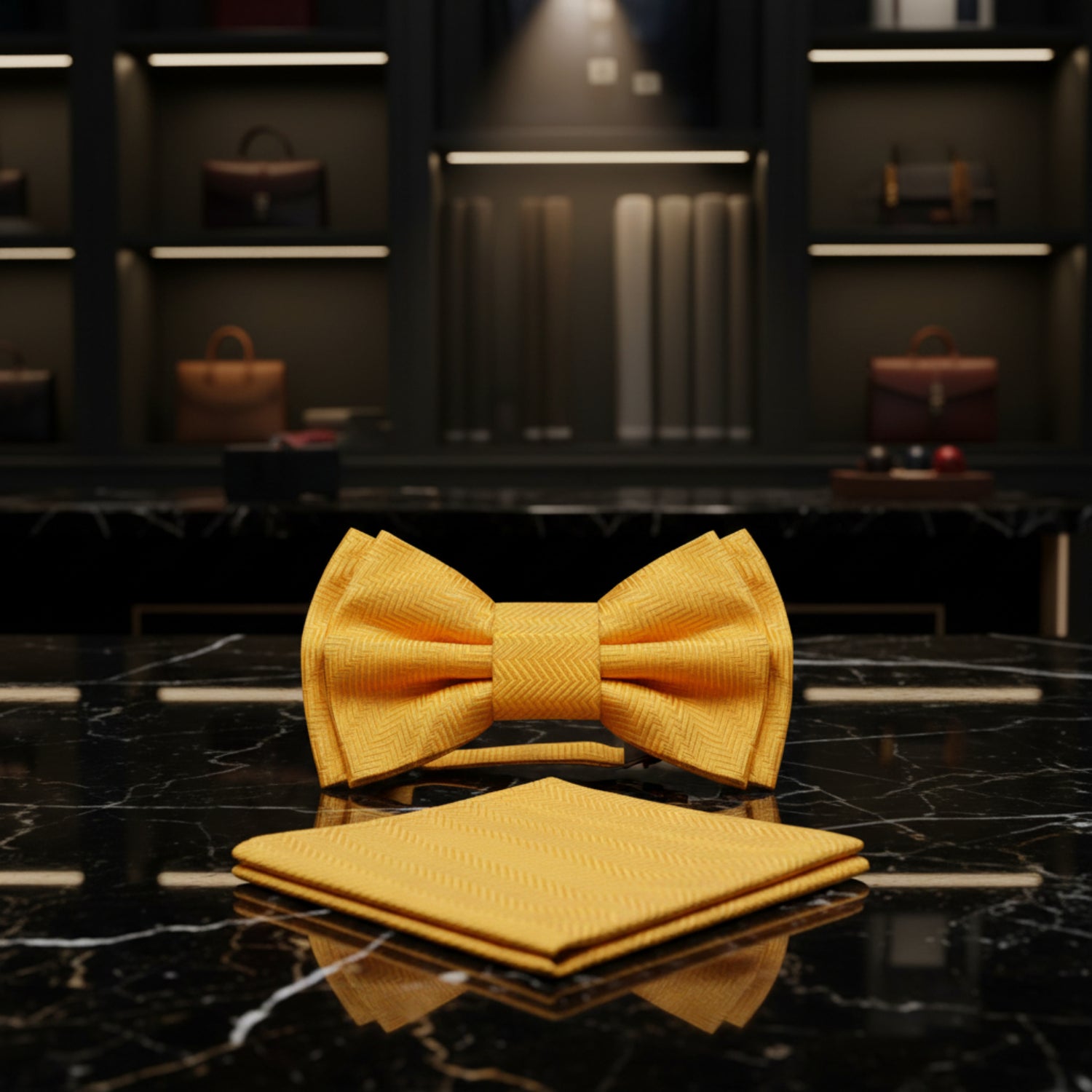 Yellow bow tie and matching pocket square on a white background