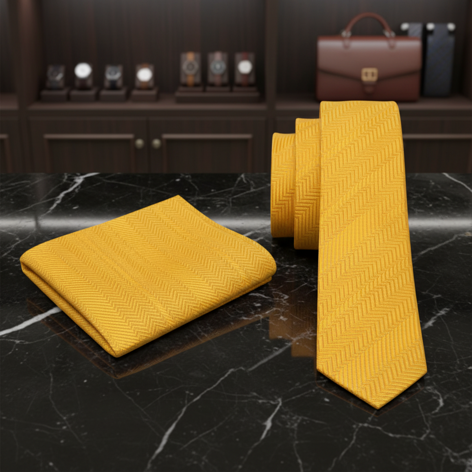 Yellow tie and pocket square set on a white background