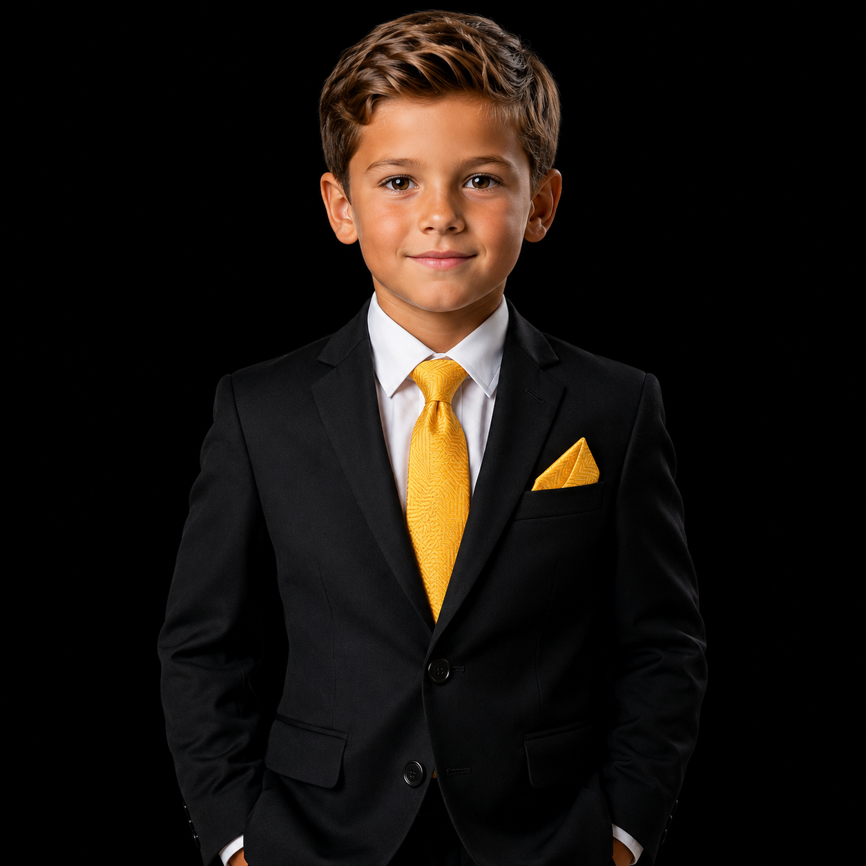 Young boy in a black suit with a yellow tie and pocket square on a black background