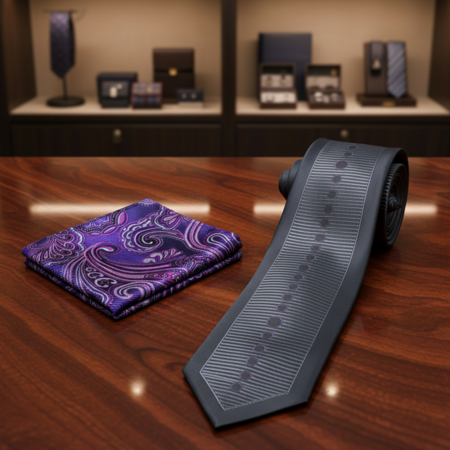 Black silver purpe dots and stripes tie and accenting purple paisley square