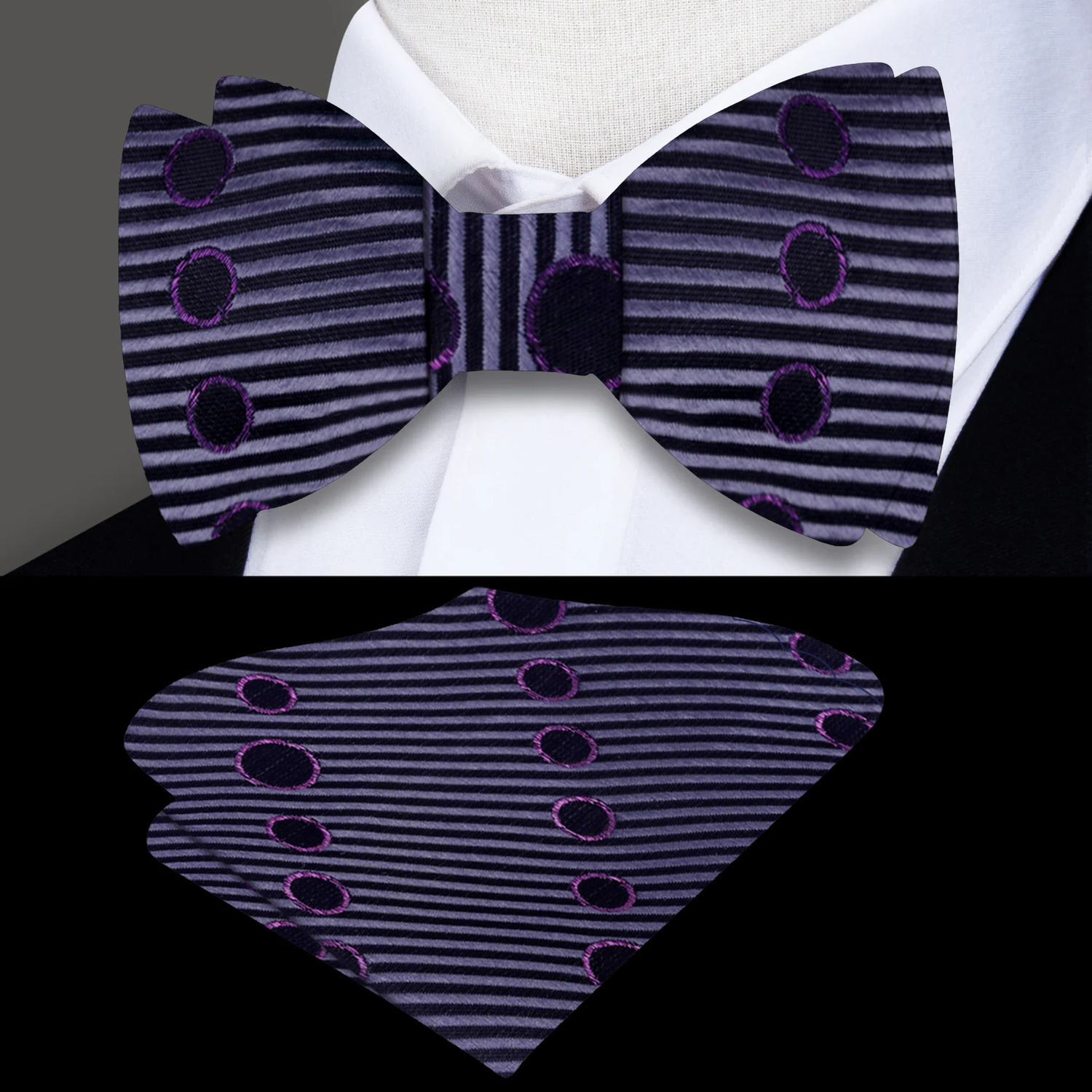 A Black, Grey, Metallic Purple Abstract Lines and Circles Pattern Silk Self Tie Bow Tie, Matching Pocket Square